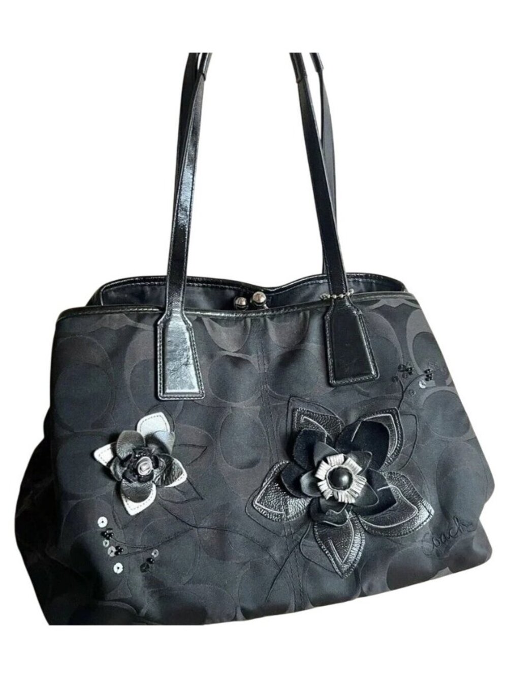 Coach 2011 black canvas & leather floral applique framed kisslock satchel tote - Picture 7 of 9